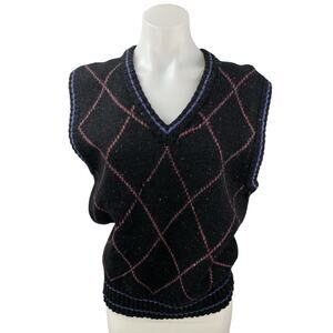 Colours 100% Wool Women's Black Argyle Sleeveless V Neck Sweater Vest Top Size M